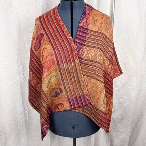 Paisley tapestry wool lightweight wrap earth tones woven shawl Anu poncho OS
